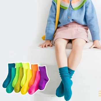 3 Páry Batoľa Ponožky Jeseň Kolená Vysoké Ponožky pre Dieťa Deti Veku 1-12Year Staré Non-žiarivkové Dúha-Farebné Pletené Bavlnené Ponožky