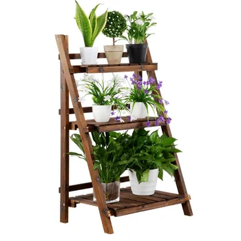 3-Tier Skladací Drevený Rebrík, Police kvetín a Rastlín Displej Stáť v Interiéri alebo Exteriéri