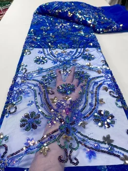African Royal Blue Ručné Perličiek Čipky Textílie Na Svadby 2023 Vysokej Kvality Nigérijský Francúzsky Oka Tylu Čipky Tkaniny S Flitrami