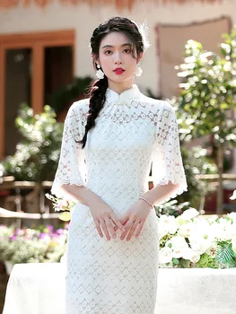 Ázijské Čínske Svadobné Šaty Prom Party Šaty Bielej Čipky Cheong-sam