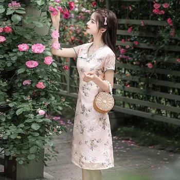 2023 Elegantné Aodai Cheongsam Polovice dĺžky, tvaru Naklonený Klope-Krátke rukávy Lepšiu Denne Qipao Čínsky Štýl Šaty pre Ženy