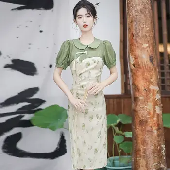 2023 retro stojan golier kvetina tlače vintage cheongsam lepšiu qipao šaty tradičné spoločenské večerné šaty vestido qipao