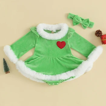 Baby Dievčatá Vianoce A-Line Romper Šaty Zelené Monštrum s Dlhým Rukávom Futty Výbava Patchwork Semiš Jumpsuit + Luk hlavový most pre Dieťa