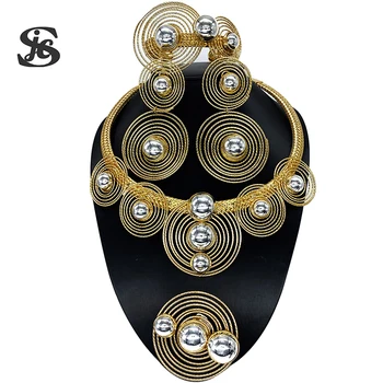Brazílsky Módne Šperky Sady Okrúhly Tvar 18K Zlatom Veľké Náušnice, Náhrdelník Strieborný Perličiek Vložkou Elegantný Set Pre Ženy, Svadobné
