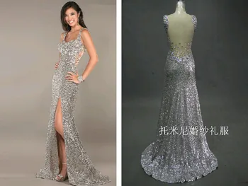 Crystal Sexy striebro sequined Prom šaty 2018 nové Podlahy Dĺžka-line strana Večer Vlastné lete matka nevesty šaty