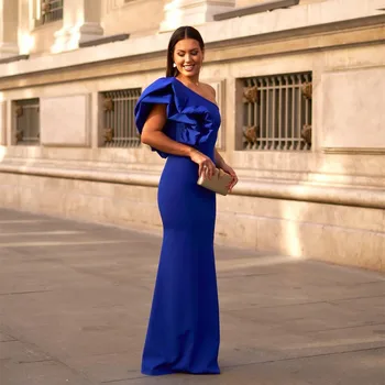 Elegantné Dlhé Kráľovská Modrá Krep Večer Morská víla Šaty Jedno Rameno Dĺžka Podlahy Formálne Party Šaty pre Ženy