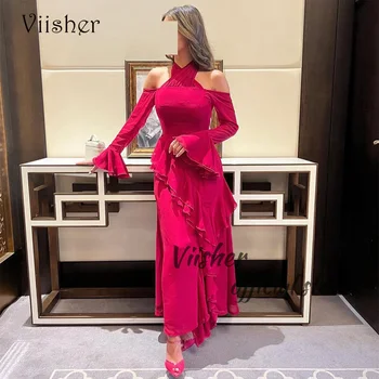 Hot Pink Morská Víla Saudská Arábia Večerné Šaty Okolo 3/4 Rukáv Elegantné Ženy Formálne Šaty Dĺžka Podlahy Dubaj Prom Party Šaty