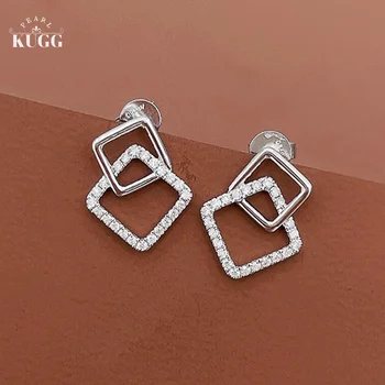 KUGG 18K Biele Zlato Náušnice Skutočný Prírodný Diamant Jemné Módne Geometrický Dizajn Stud Náušnice pre Ženy, Svadobné Party