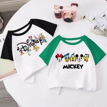 Letné Deti, Dievčatá, Chlapcov Raglan Rukáv, Krátke Sleeve T-shirt Karikatúra Disney Mickey Minnie Mouse Deti Baby Farebný Blok Top Tees