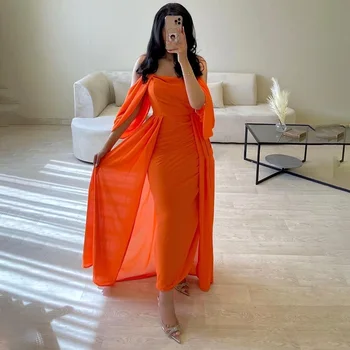 Orange Šifón Morská víla Večerné Šaty Off Ramenný Saudskej arabčina Prom Party Šaty s Sukne Dlhé Dubaj Formálne Večerné Šaty