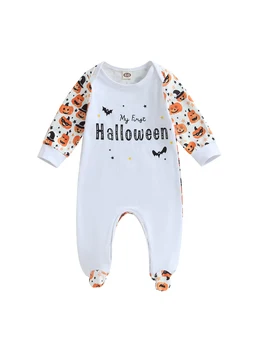 Rozkošný Halloween themed Romper Oblečenie pre Novorodenca Dievčatá a Chlapci - Dlhý Rukáv Tekvica Tlač Jumpsuit so Zodpovedajúcou