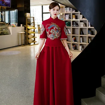 Tradičné Čínske Oblečenie Xiuhe Cheongsams Červené Víno Hornej Nastaviť Tang Vyhovovali Formálne Večerné Šaty Zapojenie Svadobné Šaty Pre Ženy